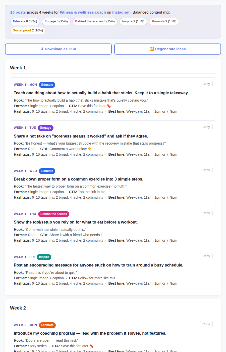 Screenshot of the content calendar generator output showing a balanced mix of educate, engage, behind-the-scenes, inspire and promote posts for a fitness niche on Instagram