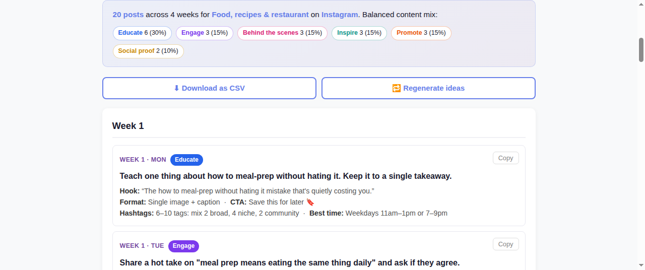 Free content calendar generator output for a bakery on Instagram: content mix badges, CSV export button, and per-post ideas with hooks, formats, CTAs and hashtag guidance