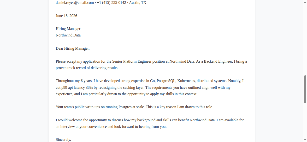 Free Cover Letter Generator on charliemorrison.dev producing a tailored cover letter for a Senior Platform Engineer role, showing the contact header, opening, and a body paragraph referencing Go, PostgreSQL and Kubernetes