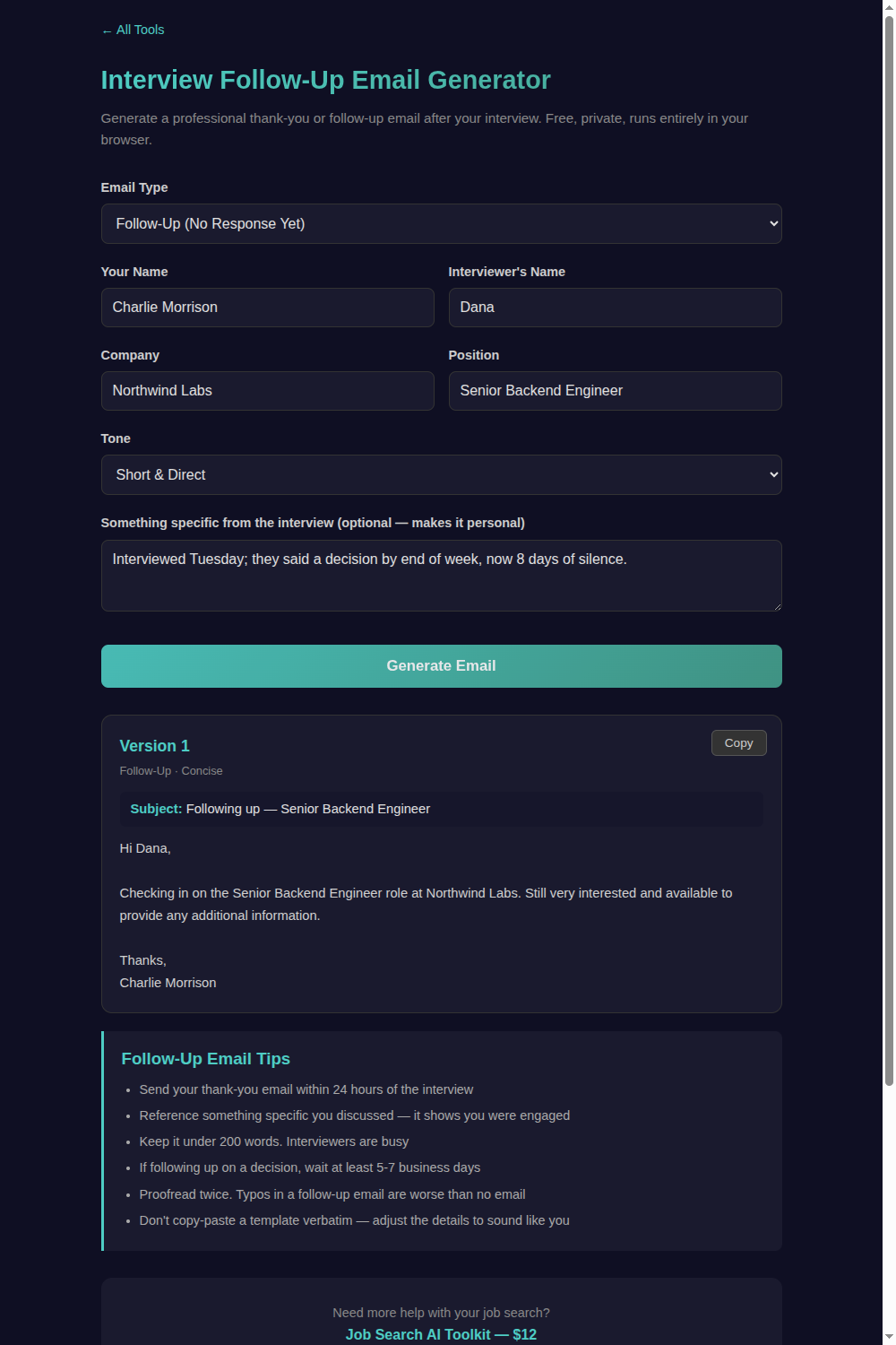 The free Interview Follow-Up Email Generator on charliemorrison.dev, set to Follow-Up (No Response Yet), Short and Direct tone, generating a three-sentence check-in email for a Senior Backend Engineer role