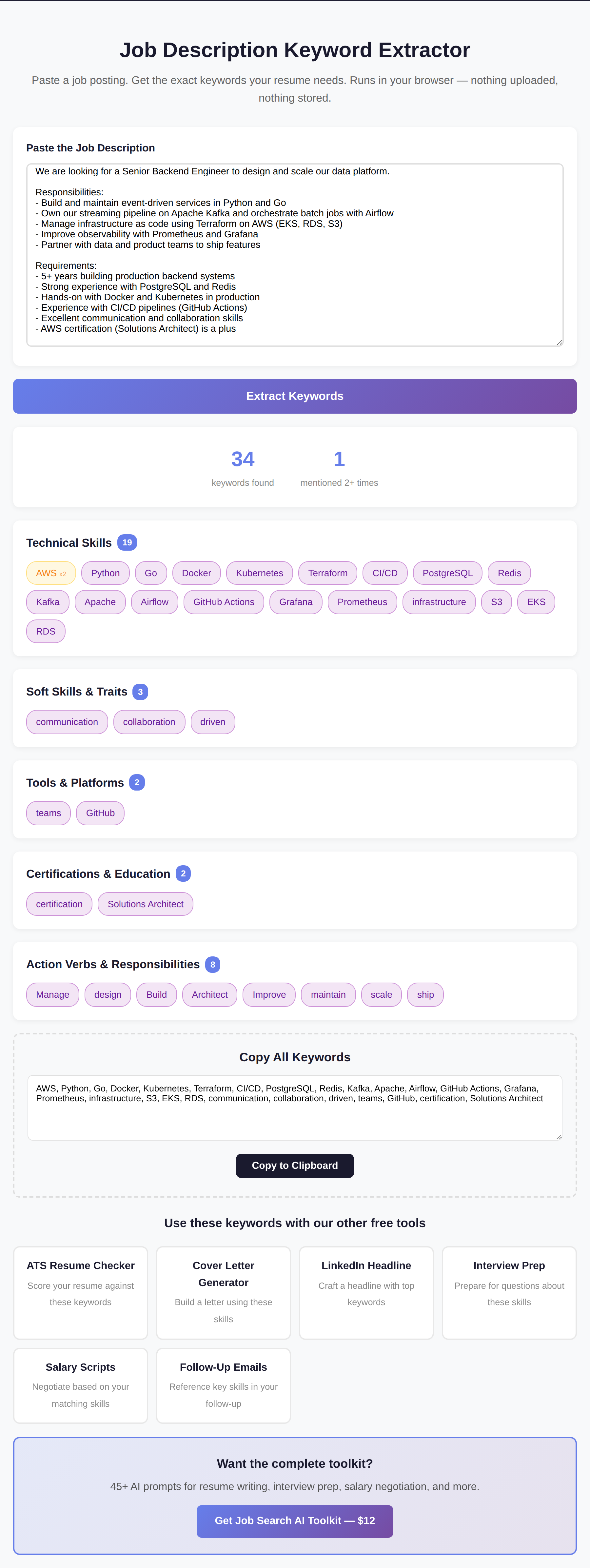 The free Job Description Keyword Extractor on charliemorrison.dev showing 34 keywords pulled from a senior backend job description, grouped into Technical Skills (AWS, Python, Go, Docker, Kubernetes, Terraform, Kafka, Airflow and more), Soft Skills, Tools and Platforms, Certifications, and Action Verbs.