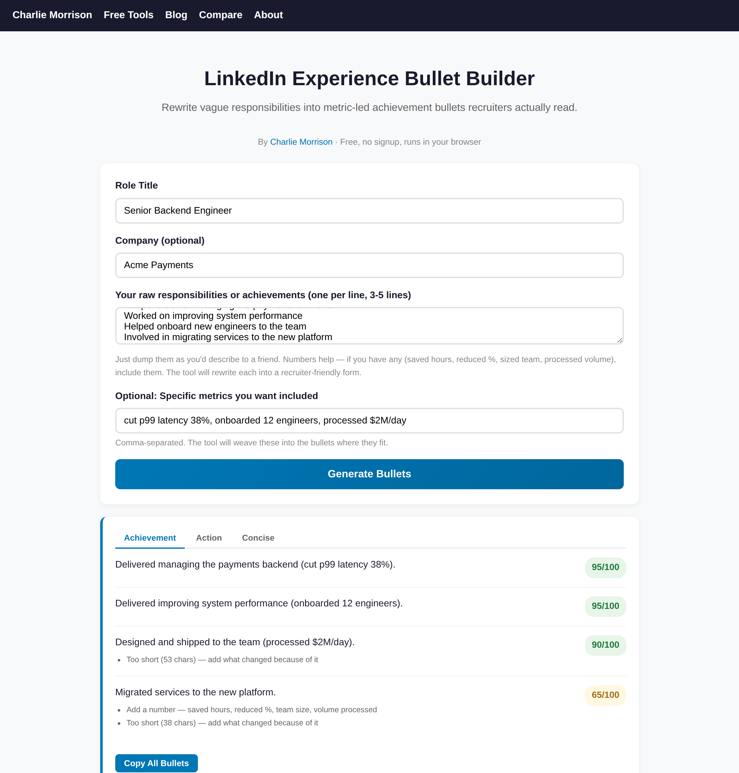 The free LinkedIn Experience Bullet Builder on charliemorrison.dev showing four raw responsibility lines rewritten into achievement bullets, each scored out of 100. Bullets that carry a number score 90-95 out of 100; a bullet with no number and no stated outcome scores 65 out of 100 and is flagged with advice to add a number and say what changed.