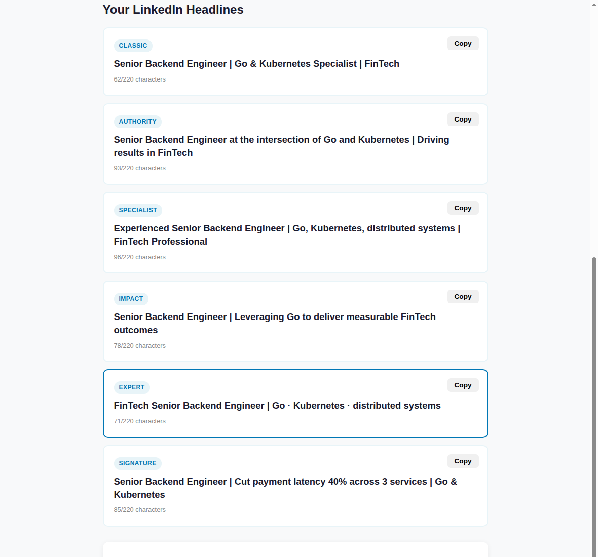 The free LinkedIn Headline Generator on charliemorrison.dev showing six generated headline variants for a senior backend engineer — labelled Classic, Authority, Specialist, Impact, Expert and Signature — each with a character count out of 220. The Signature variant embeds a concrete metric, 'Cut payment latency 40 percent across 3 services,' while the Specialist variant opens with the weaker word 'Experienced.'
