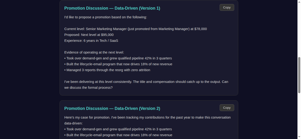 Screenshot of the promotion salary negotiation script generated by the free tool, data-driven tone, showing the frozen Senior Marketing Manager scenario and evidence bullets
