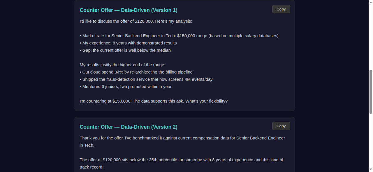 Salary negotiation script tool generating a data-driven counter-offer for a Senior Backend Engineer, showing the filled inputs and generated script