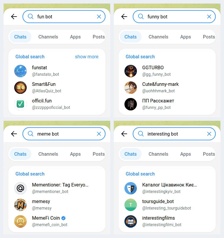 Telegram search results for fun bot, funny bot, meme bot and interesting bot: an OSINT statistics bot, a skins giveaway, a memecoin and a Kyiv venues guide