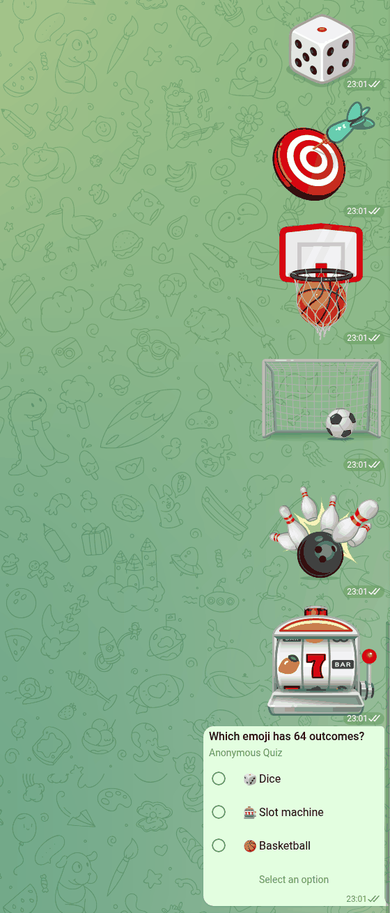 Telegram Web, Saved Messages: the six game emoji (dice, darts, basketball, football, bowling, slot machine) each showing its final result, followed by a native quiz poll asking which emoji has 64 outcomes