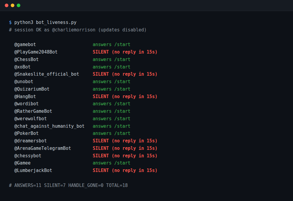 Terminal output listing all 18 Telegram game bots with the result of sending /start to each: 11 answered, 7 silent