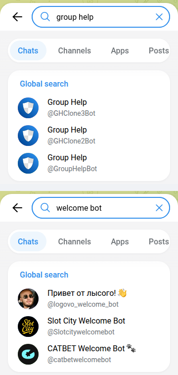 Telegram global search for group help shows three identical Group Help bots; search for welcome bot shows a persona bot and two casino welcome bots