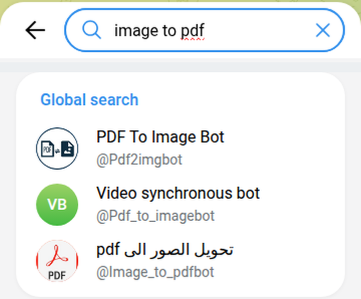 Telegram global search for image to pdf: PDF To Image Bot first, then a silent bot, then a bot that asks you to join a channel