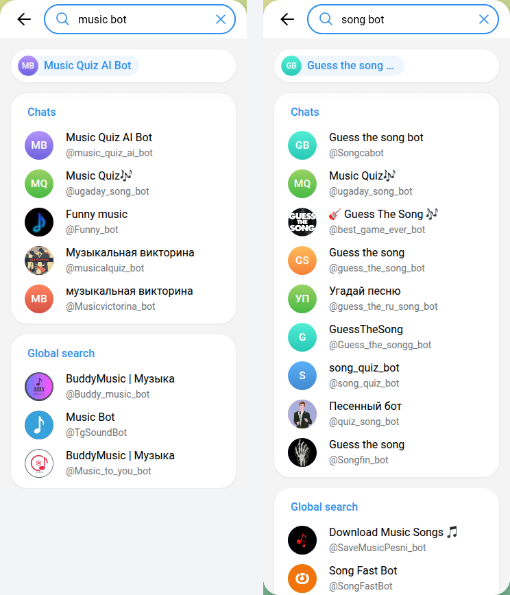Telegram search for music bot and song bot: most results are music quizzes and guess-the-song games