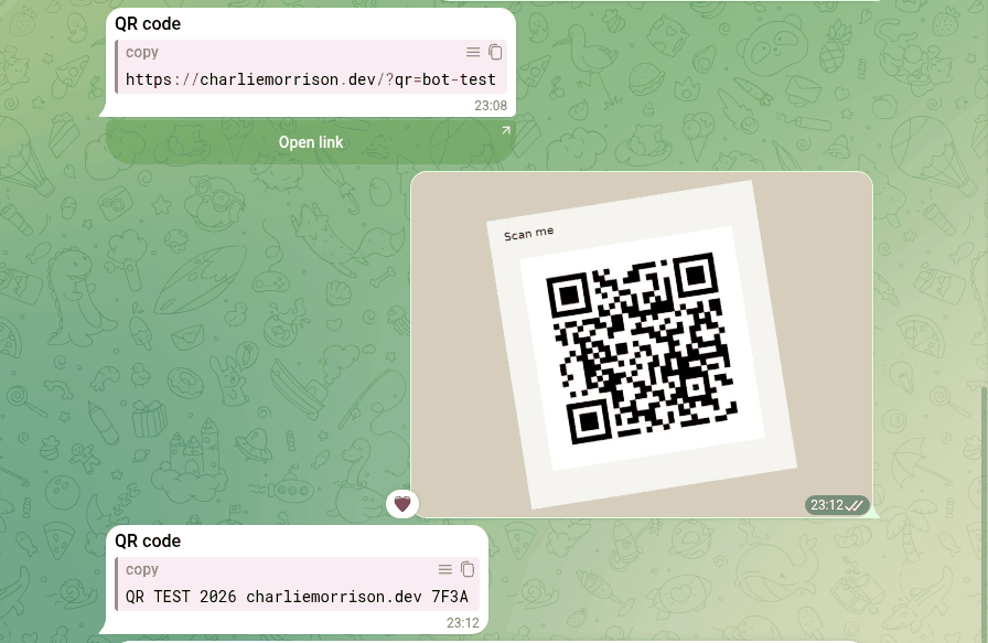 Telegram chat with the Scanora QR and barcode scanner bot: it returns the link from one test code with an Open link button, then the exact text from a tilted photo of a QR code