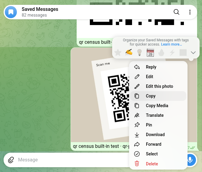 Telegram Web K right-click menu on a photo of a QR code in Saved Messages: Reply, Edit, Copy, Translate, Download, Forward, no scan option