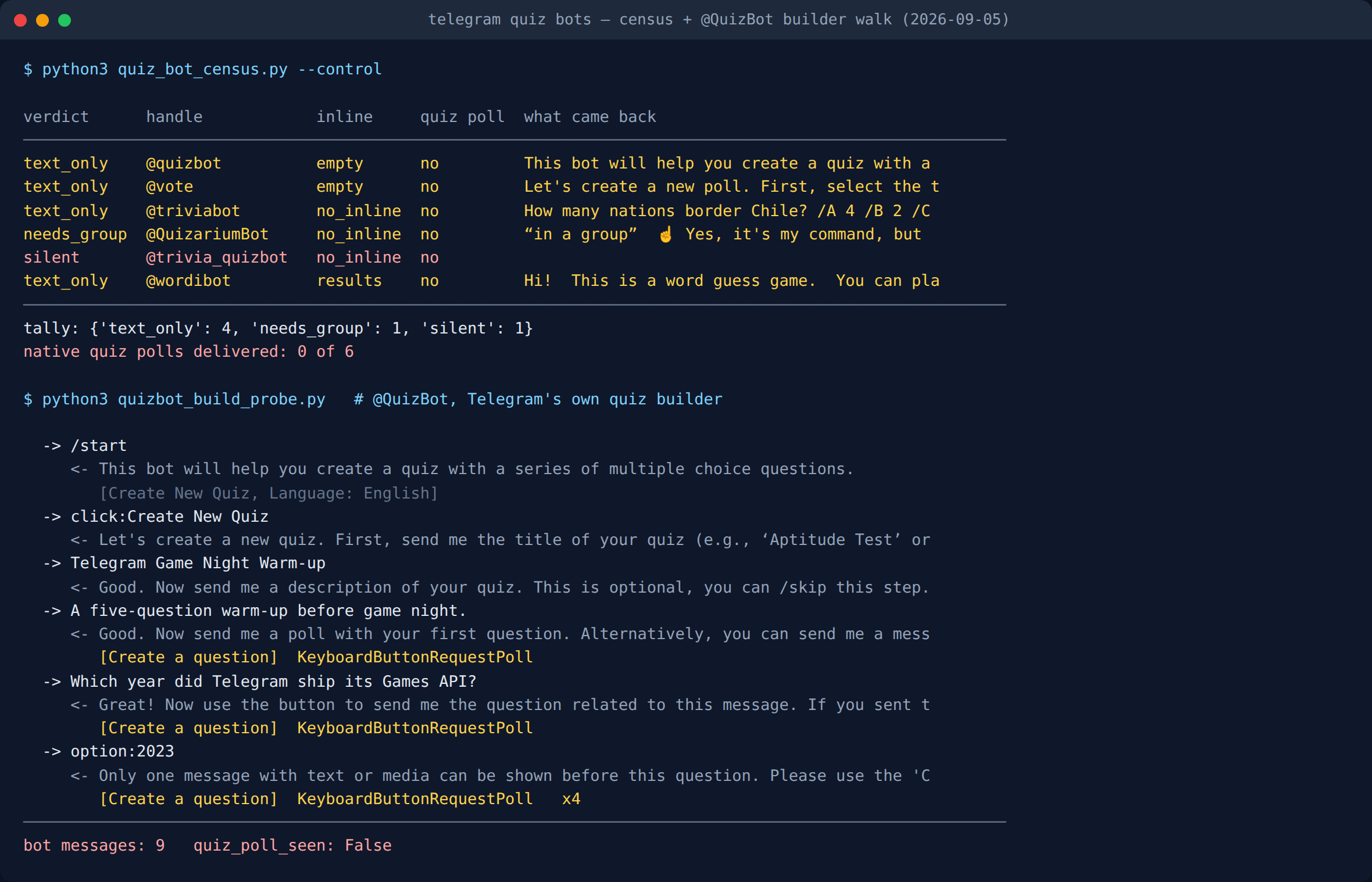 Terminal output: six Telegram quiz bots probed, none returning a native quiz poll, followed by a nine-message walk through @QuizBot's quiz builder ending in a KeyboardButtonRequestPoll