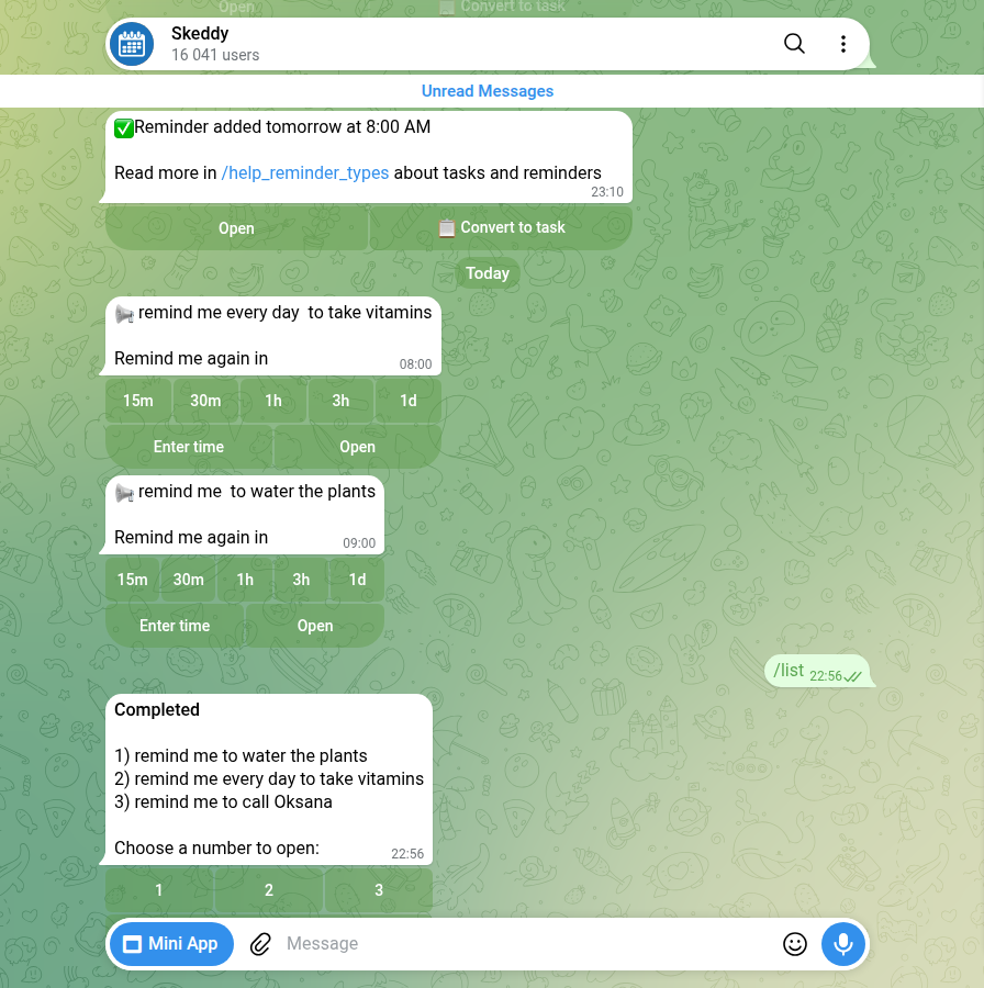 Telegram chat with @SkeddyBot: 'Reminder added tomorrow at 8:00 AM', then the reminder 'remind me every day to take vitamins' at 08:00, and the /list command showing it under Completed