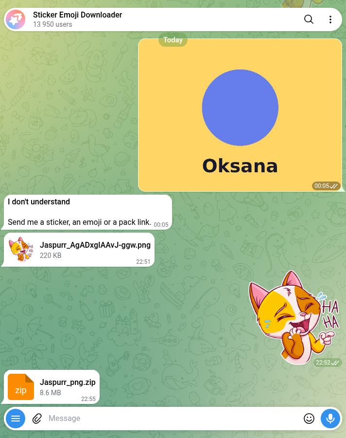 Telegram chat with @GimmeStickerBot: a test photo answered with 'I don't understand', then a PNG file of 220 KB and a zip of 8.6 MB with the whole sticker pack