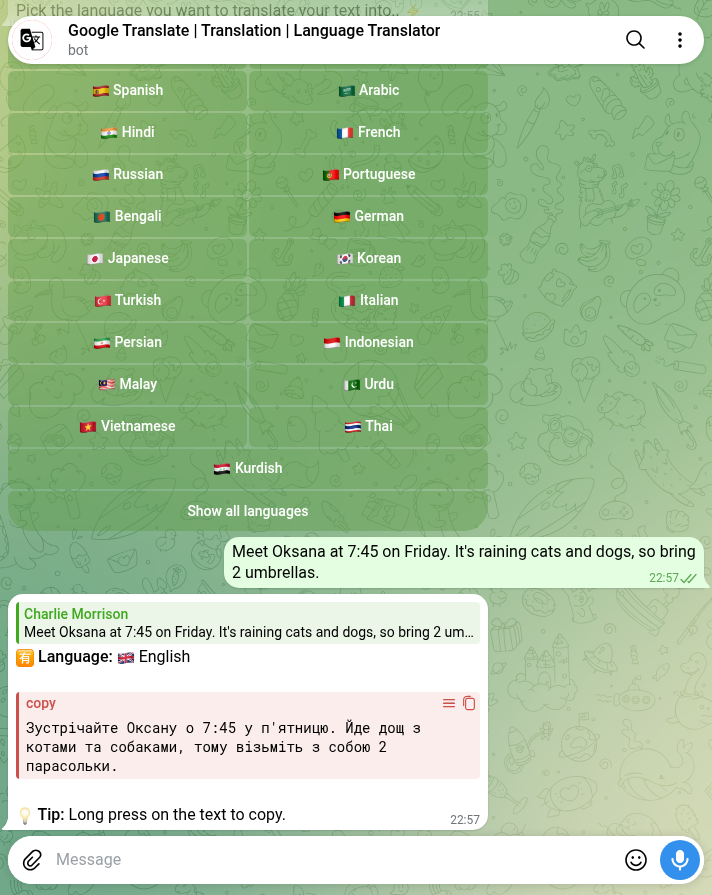A Telegram bot named Google Translate translates raining cats and dogs literally into Ukrainian